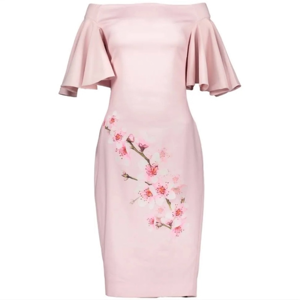 Ted Baker Calinda Soft Blossom Pink Off the Shoulder Flounce Sleeve Dress